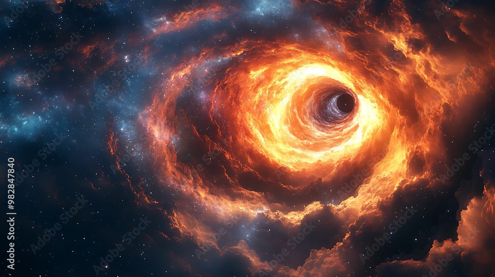 A stunning depiction of a fiery black hole surrounded by swirling clouds of glowing gas and stars in deep space, evoking awe and mystery. A stunning depiction of a fiery black hole surrounded by swirling clouds of glowing gas and stars in deep space, evoking awe and mystery.