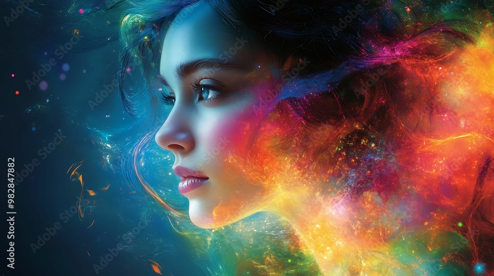 A surreal side-profile portrait of a woman blending into vibrant, swirling cosmic colors, creating a dreamy, ethereal, and imaginative scene. A surreal side-profile portrait of a woman blending into vibrant, swirling cosmic colors, creating a dreamy, ethereal, and imaginative scene.