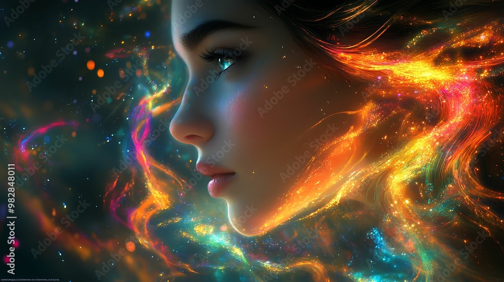 A surreal portrait of a woman in profile, surrounded by vibrant, swirling cosmic fire and light, blending glowing blue and fiery orange hues in a celestial scene. A surreal portrait of a woman in profile, surrounded by vibrant, swirling cosmic fire and light, blending glowing blue and fiery orange hues in a celestial scene.