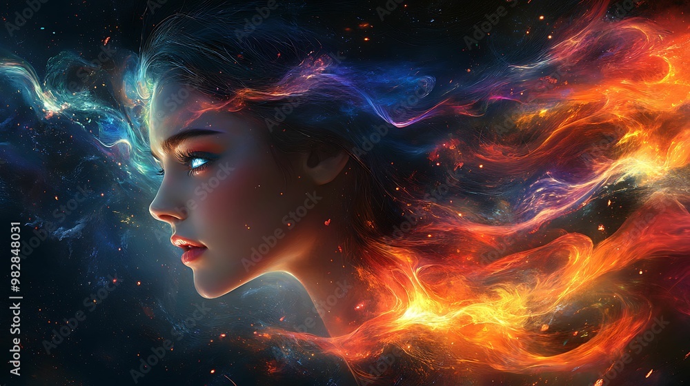 A surreal side-profile portrait of a woman surrounded by vibrant, swirling cosmic light effects, blending glowing colors in a dreamlike, ethereal scene. A surreal side-profile portrait of a woman surrounded by vibrant, swirling cosmic light effects, blending glowing colors in a dreamlike, ethereal scene.