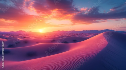 A peaceful desert scene at sunset, with glowing pink and purple sand dunes under a vibrant sky, creating a tranquil and captivating atmosphere.