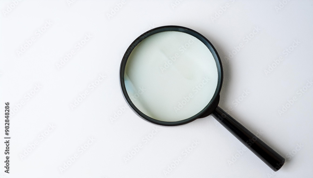 Magnifying glass on white background. Flat lay. Top view. Close-up. Magnifying glass on white background. Flat lay. Top view. Close-up.
