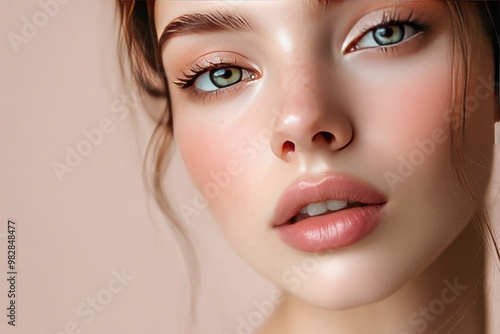 Close-up photo of a beautiful young woman's face with fresh and smooth skin and pink lips with a light background _ smooth skin with skin and body care , ai