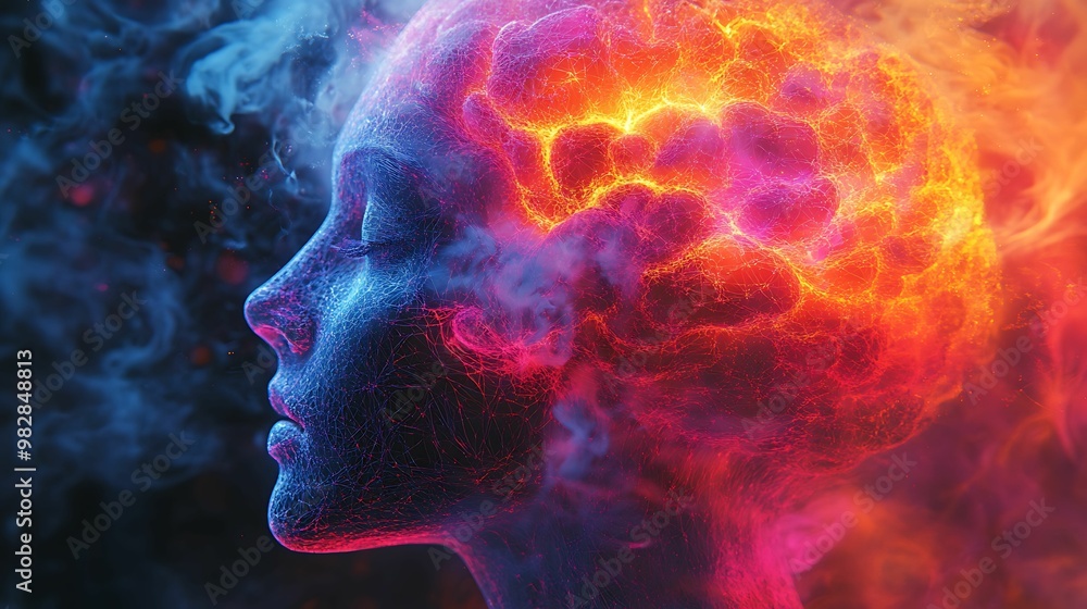 A surreal depiction of a woman’s profile with glowing neural connections and fiery colors, blending science and fantasy in a dynamic visual. A surreal depiction of a woman’s profile with glowing neural connections and fiery colors, blending science and fantasy in a dynamic visual.