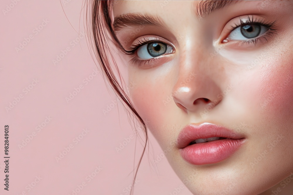 Close-up photo of a beautiful young woman's face with fresh and smooth skin and pink lips with a light background _ smooth skin with skin and body care , ai Close-up photo of a beautiful young woman's face with fresh and smooth skin and pink lips with a light background _ smooth skin with skin and body care , ai