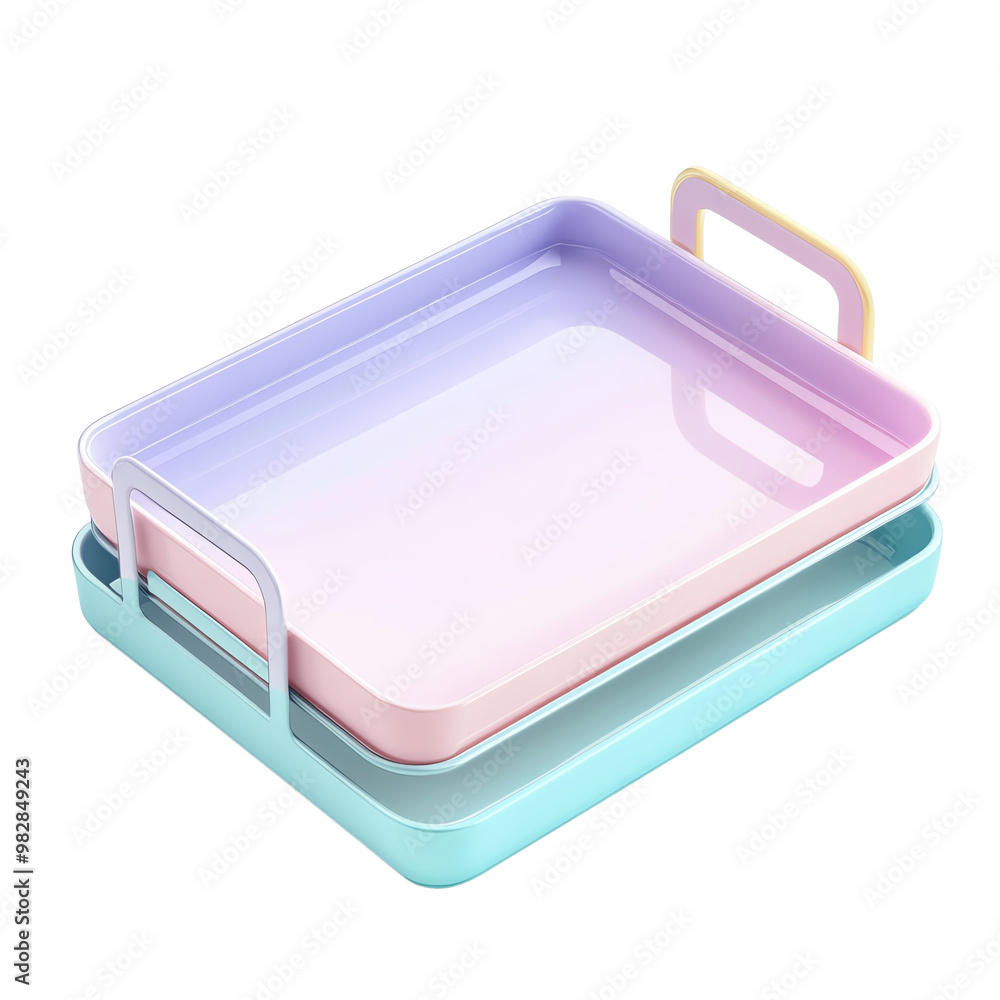 Stylish pastel trays stacked, modern design on white isolated background. Stylish pastel trays stacked, modern design on white isolated background.