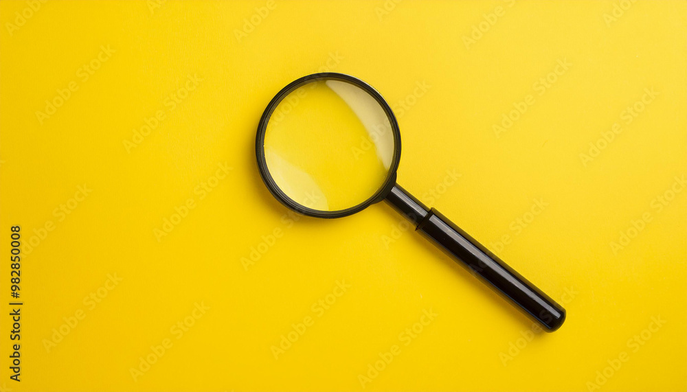 Magnifying glass on yellow background. Flat lay. Top view. Close-up. Magnifying glass on yellow background. Flat lay. Top view. Close-up.