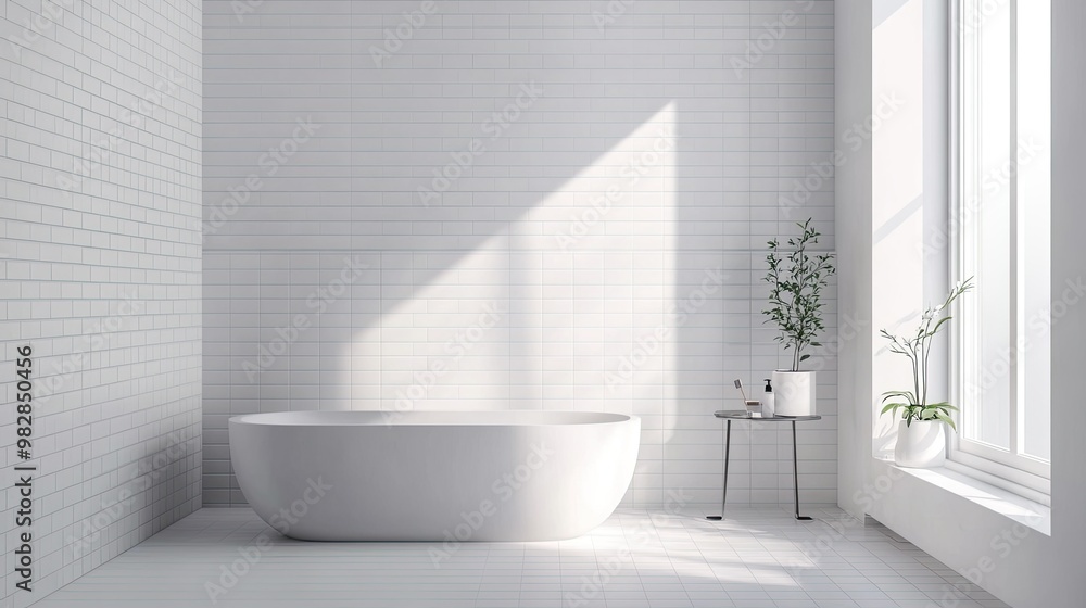 Minimalist bathroom with sleek fixtures, white tiles, and ample space for copy or branding Minimalist bathroom with sleek fixtures, white tiles, and ample space for copy or branding
