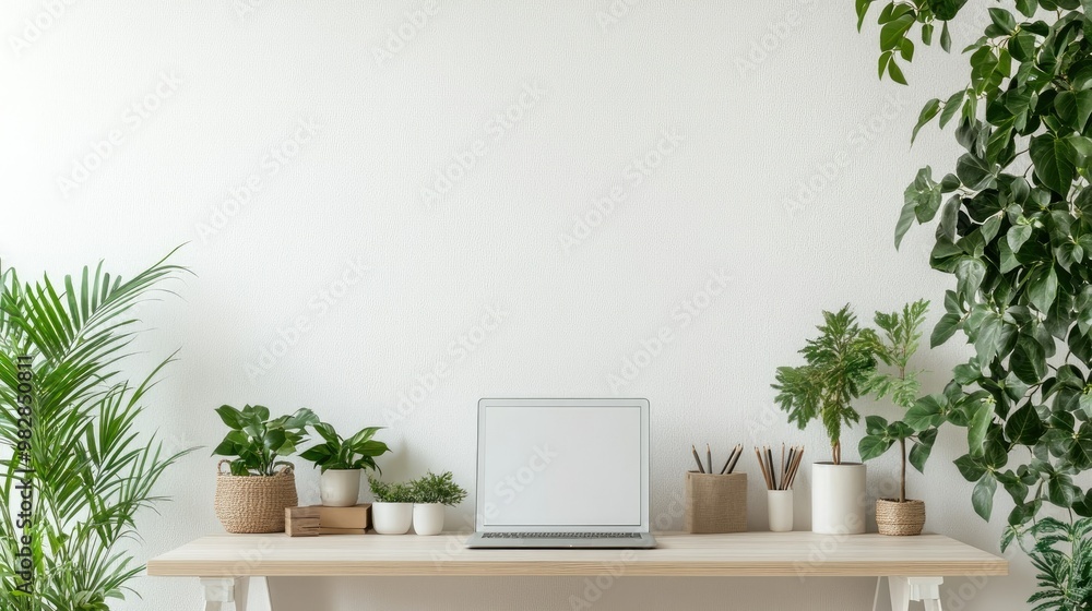 Fototapeta premium Minimalist bedroom interior with a comfortable bed, soft lighting, and space for copy or branding