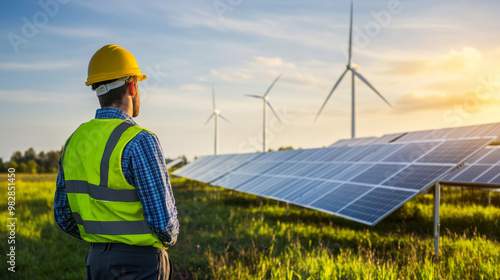 Green energy company scaling up through sustainable growth, with engineers installing new solar panels and wind turbines
