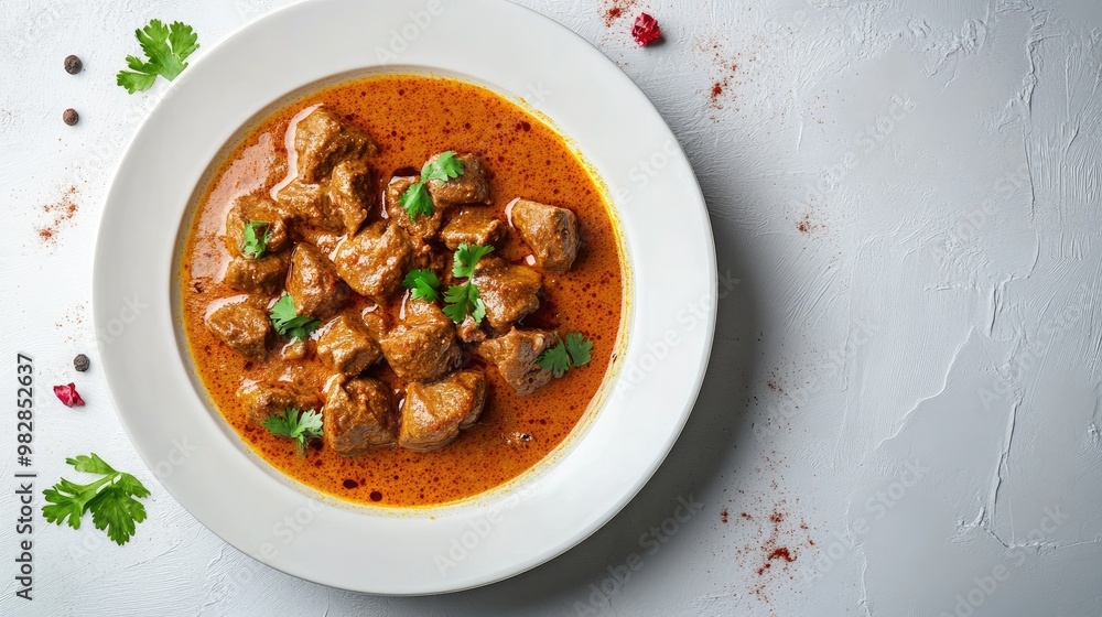 Spicy Indian masala butter curry served on a white plate, with garnishing and copy space around for text or branding Spicy Indian masala butter curry served on a white plate, with garnishing and copy space around for text or branding
