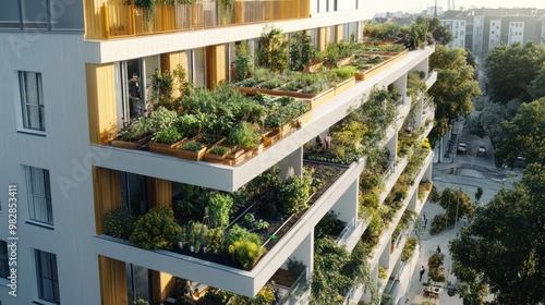 A city apartment building with a rooftop garden, where residents grow their own herbs and vegetables using smart irrigation systems, contributing to a sustainable lifestyle. photo