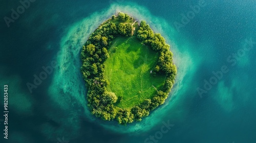 Top view of a serene green dairy farm island surrounded by blue water, with copy space for text or branding