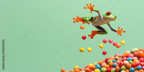 Colorful Frog Leaping Over Candy Mountain photo