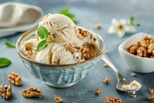 Rich ice cream with crunchy walnuts and sweet caramel. AI generative photo