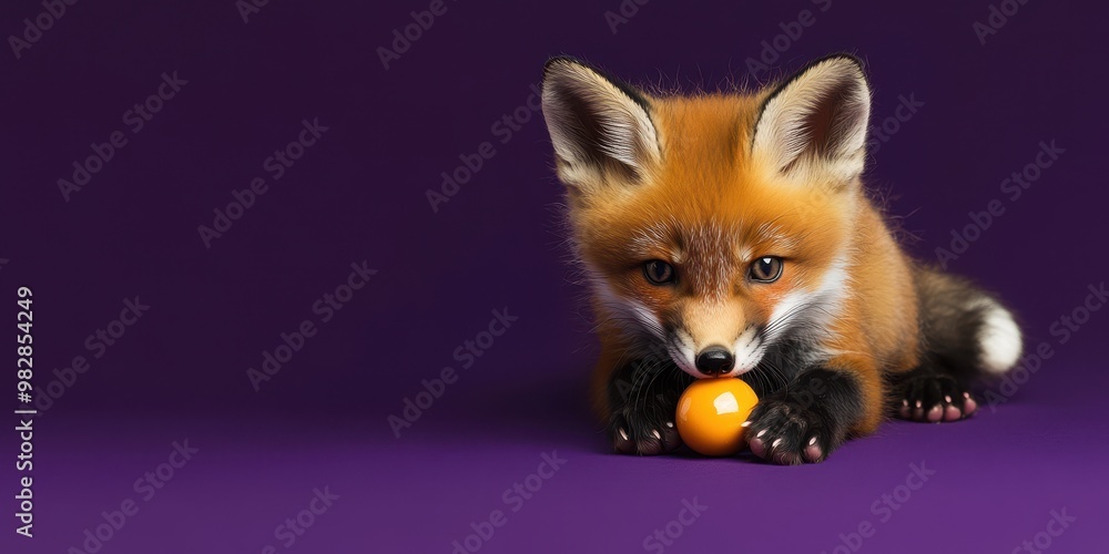 Fototapeta premium Playful fox cub with a ball on purple background