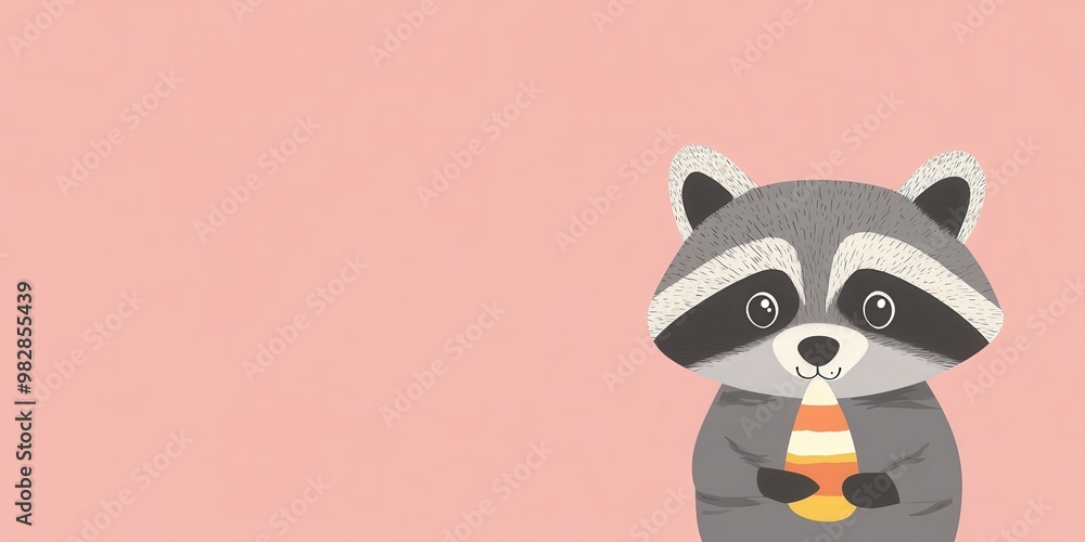 Cute Raccoon with Candy Corn on Pink Background Cute Raccoon with Candy Corn on Pink Background