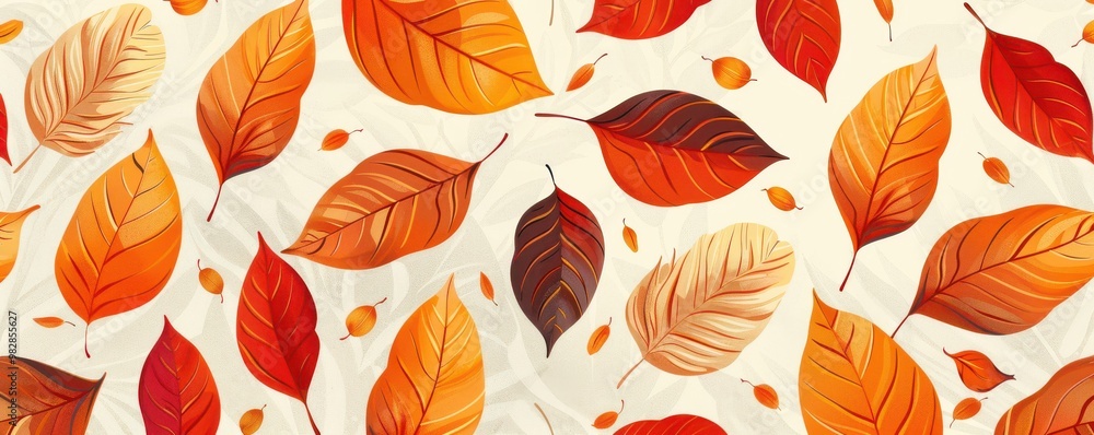 Seamless pattern of autumn leaves in warm orange and blue shades on a soft background. Free copy space for text. Seamless pattern of autumn leaves in warm orange and blue shades on a soft background. Free copy space for text.