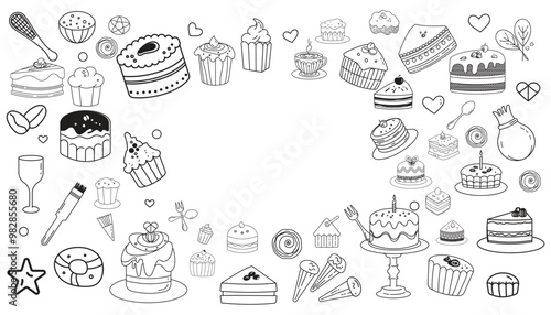 Line art vector design with cute doodles of cakes cupcakes