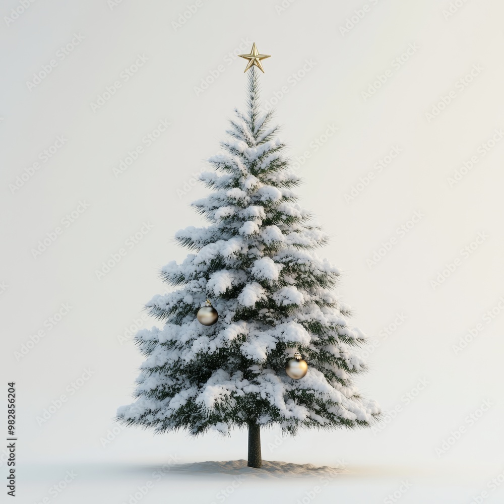 Minimalist 3D depiction of a snow-covered Christmas tree with a single ornament, isolated on a white background Minimalist 3D depiction of a snow-covered Christmas tree with a single ornament, isolated on a white background
