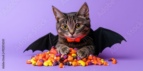 Halloween Cat with Candy and Bat Wings on Purple Background photo