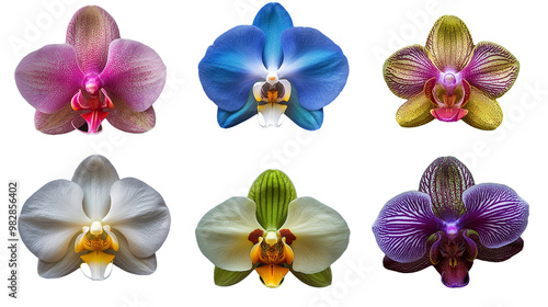 Composite of Six Vibrant Orchid Varieties on Transparent Background