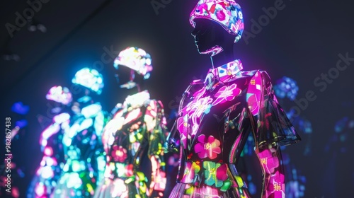 Futuristic Humanoid Robot in Glowing Neon Holographic Environment with Vibrant Lighting and Digital Rendering