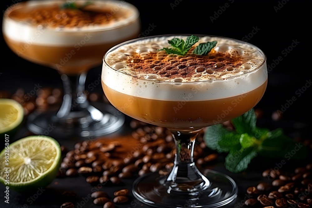 Iced Coffee Dessert with Mint and Lime Garnish - Elegant Beverage Concept for Summer and Coffee Lovers Iced Coffee Dessert with Mint and Lime Garnish - Elegant Beverage Concept for Summer and Coffee Lovers