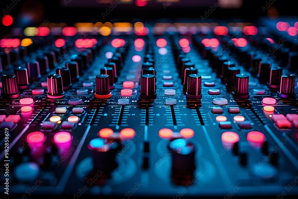 Vibrant Music Studio Sound Mixer with Glowing Controls and Faders - Ideal for Music Production, Audio Engineering, Poster Design Vibrant Music Studio Sound Mixer with Glowing Controls and Faders - Ideal for Music Production, Audio Engineering, Poster Design