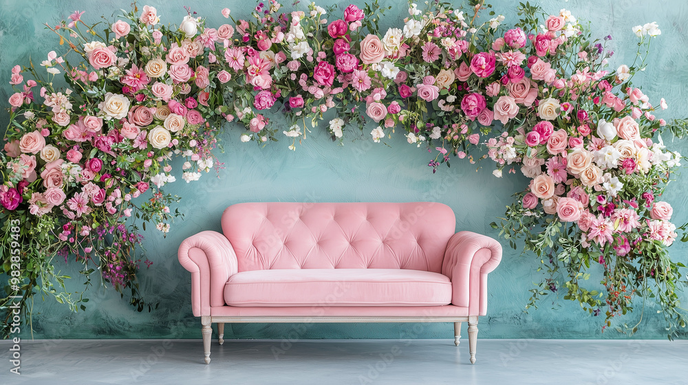 Pink Sofa with Floral Arch - Romantic Interior Design Pink Sofa with Floral Arch - Romantic Interior Design