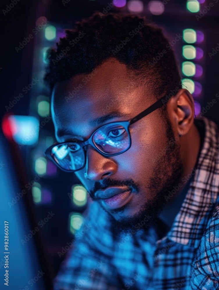 Focused Technician Engrossed in Data Analysis