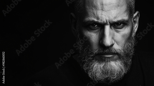 Intense Portrait of a Bearded Man in Black and White