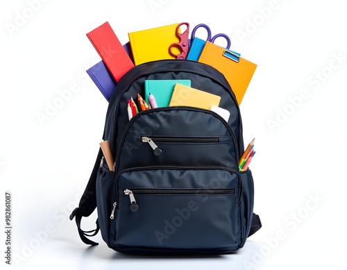 backpack filled with school supplies isolated on white background