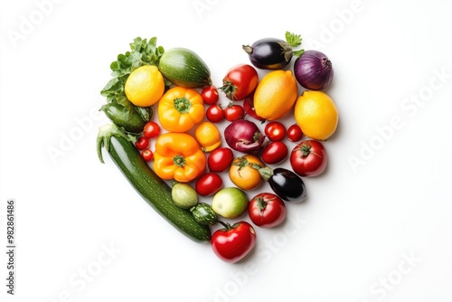 Fruits and vegetables concept, Fruits and vegetables in heart shape on white background, ai