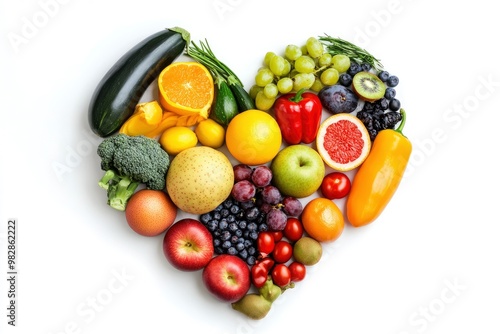 Fruits and vegetables concept, Fruits and vegetables in heart shape on white background, ai