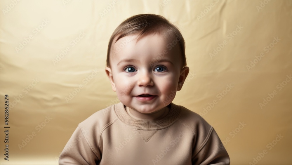Fototapeta premium A smiling baby with bright eyes against a tan backdrop