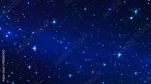 Blue starry sky background with pixel art stars and squares, simple geometric space grid pattern