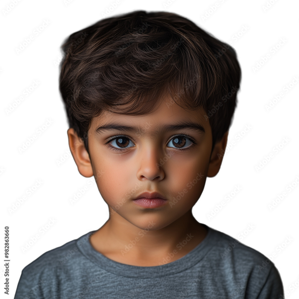 Serious young boy with dark hair wearing a gray shirt, isolated on a transparent background Serious young boy with dark hair wearing a gray shirt, isolated on a transparent background