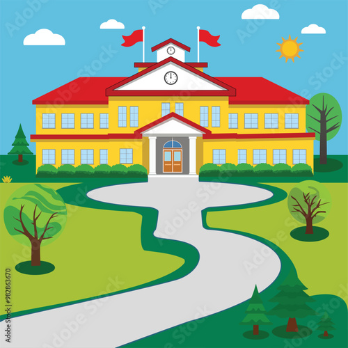 A back-to-school background featuring a school building with a welcoming entrance and clear skies.