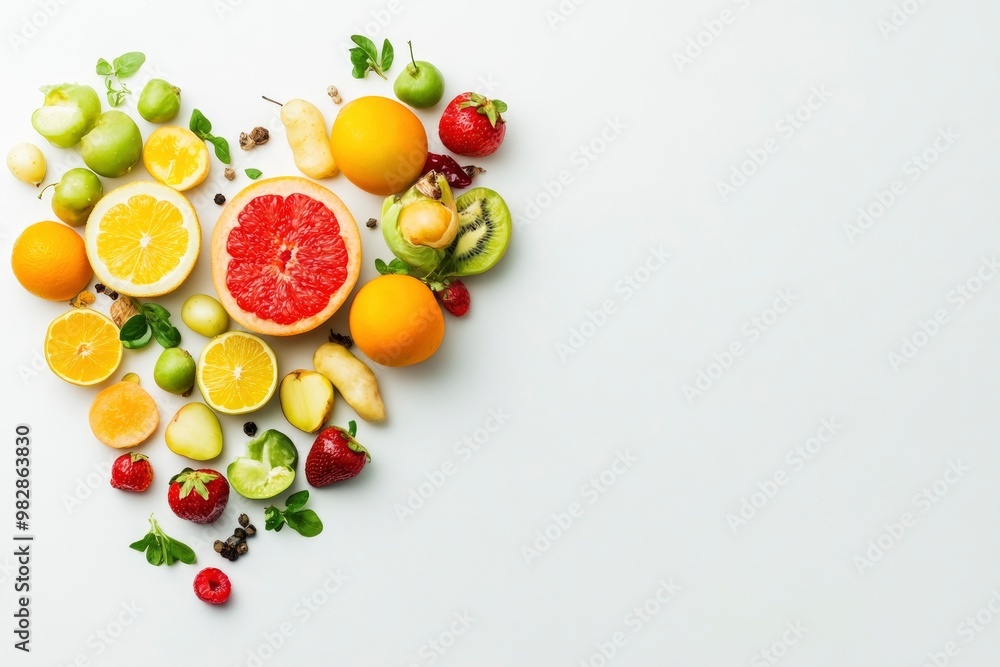 Fruits and vegetables concept, Fruits and vegetables in heart shape on white background, ai Fruits and vegetables concept, Fruits and vegetables in heart shape on white background, ai