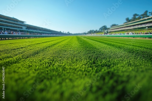 A low angle view of a green grass race track with blurred crowds and grandstands in the background.