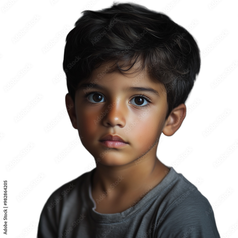 Thoughtful young boy with curly hair wearing a gray t-shirt, isolated on a transparent background Thoughtful young boy with curly hair wearing a gray t-shirt, isolated on a transparent background