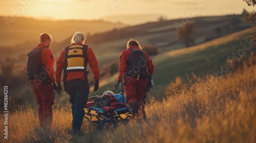 A paramedic team assists a person in a rural area, navigating rugged terrain to reach the injured, while using portable medical devices to assess and treat the patient on the spot.