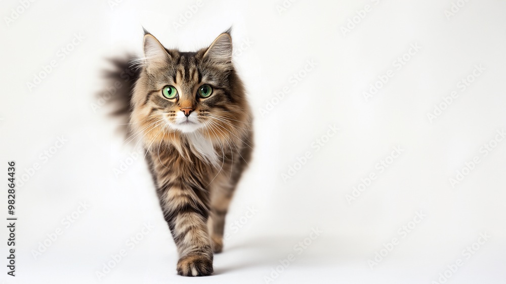 Obraz premium Majestätische Anmut: Elegante flauschige Katze posiert auf reinem Weiß. Seidiges Fell glänzt, grüne Augen fesseln. Fotogene Schönheit pur