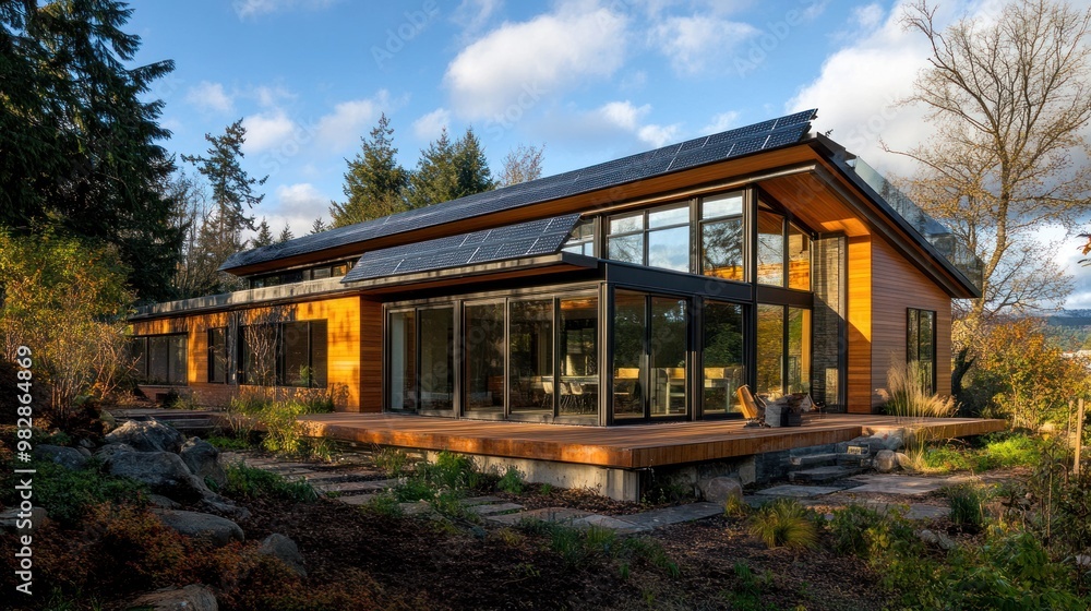 A residential home featuring large windows for natural lighting, solar panels, and a rainwater collection system, creating a fully self-sufficient, zero-energy living space. A residential home featuring large windows for natural lighting, solar panels, and a rainwater collection system, creating a fully self-sufficient, zero-energy living space.