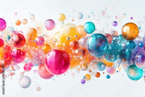 Abstract colorful bubbles floating in white background.