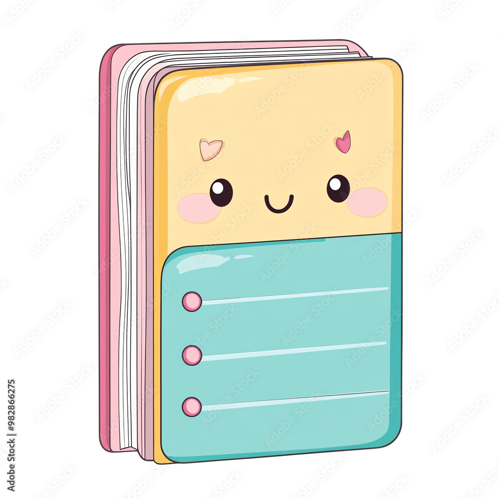 Cute cartoon notebook character with smiling face, isolated on white background. Cute cartoon notebook character with smiling face, isolated on white background.