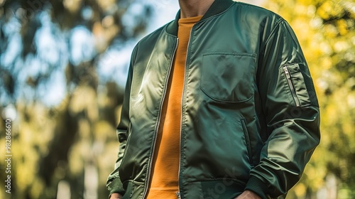 Stylish Green Bomber Jacket Poster: Featuring Unique Pockets, Ergonomic Fit, and Zipper Closure – Perfect for Sporty Interior Decor!