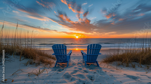 Beach chairs at sunset. Two Beach Chairs Facing Sunset on Sandy Shore. Two blue beach chairs facing the sunset over a sandy beach, with tall grass framing the peaceful view.