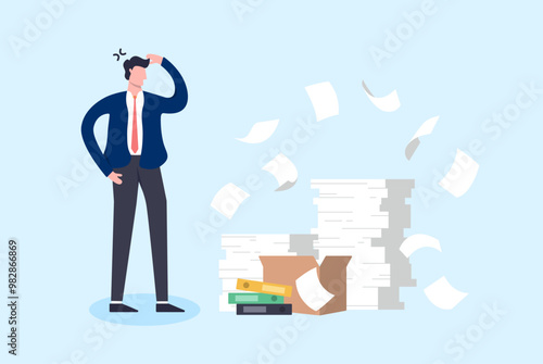 Businessman job deadline making stress, pressure, and depressed. Employee overwork job. Messy paper and document. Flat illustration design vector.	